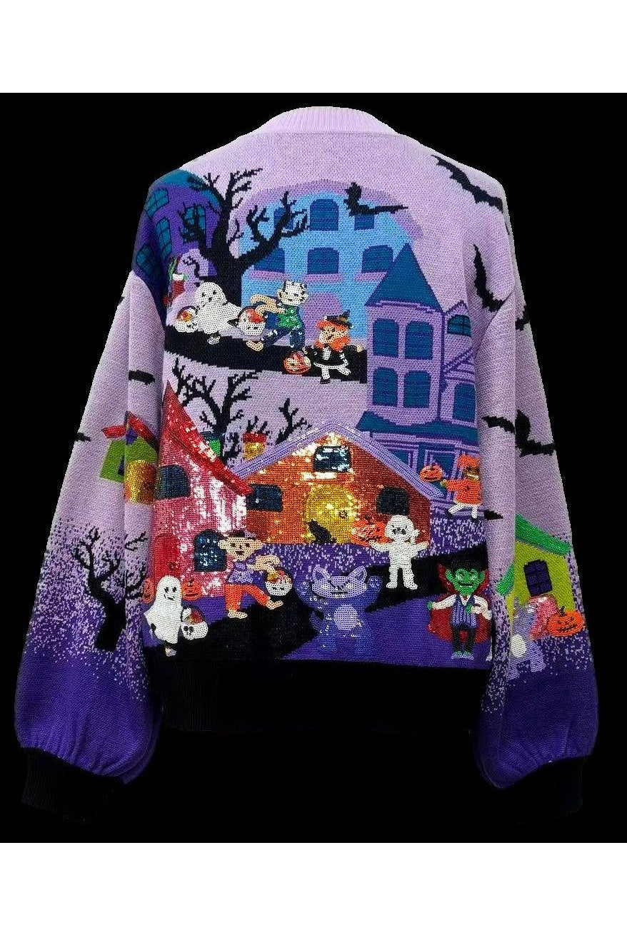 Queen of Sparkles Lavender Multi Trick or Treating Scene Cardigan-Cardigans & Kimonos-Queen Of Sparkles-Deja Nu Boutique, Women's Fashion Boutique in Lampasas, Texas