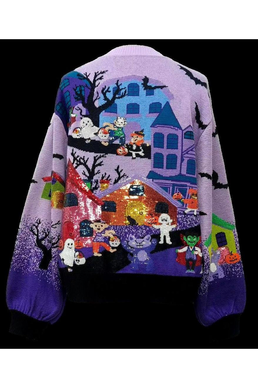 Queen of Sparkles Lavender Multi Trick or Treating Scene Cardigan-Cardigans & Kimonos-Queen Of Sparkles-Deja Nu Boutique, Women's Fashion Boutique in Lampasas, Texas