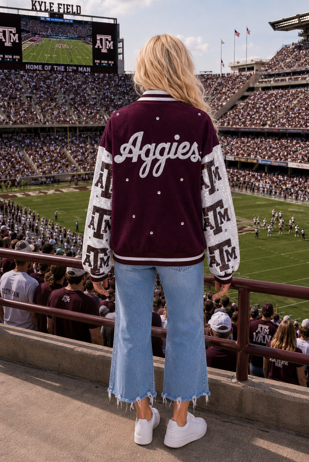 Queen of Sparkles Licensed Texas A&M Bomber Jacket-Jackets-Queen Of Sparkles-Deja Nu Boutique, Women's Fashion Boutique in Lampasas, Texas