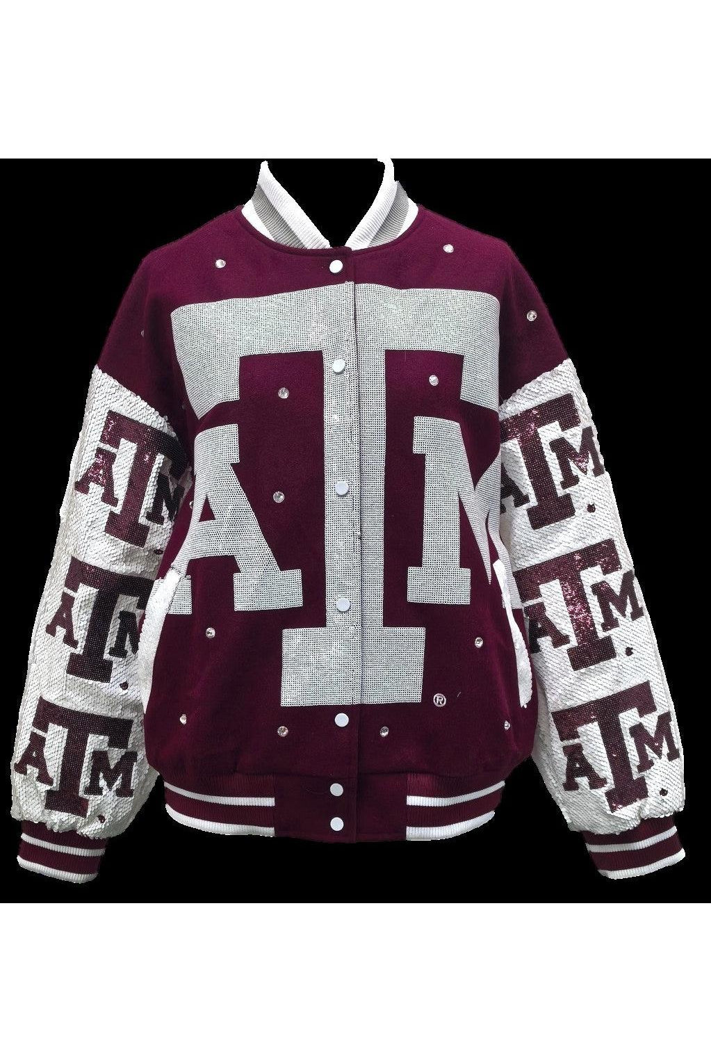 Queen of Sparkles Licensed Texas A&M Bomber Jacket-Jackets-Queen Of Sparkles-Deja Nu Boutique, Women's Fashion Boutique in Lampasas, Texas