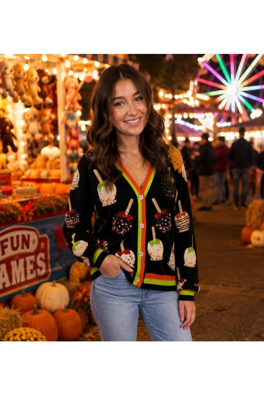 Queen of Sparkles Multi Candy Apples Sequin Button Up Cardigan-Cardigans & Kimonos-Queen Of Sparkles-Deja Nu Boutique, Women's Fashion Boutique in Lampasas, Texas