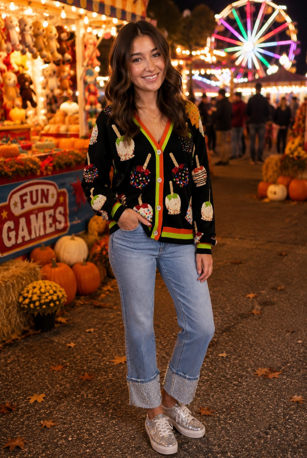 Queen of Sparkles Multi Candy Apples Sequin Button Up Cardigan-Cardigans & Kimonos-Queen Of Sparkles-Deja Nu Boutique, Women's Fashion Boutique in Lampasas, Texas