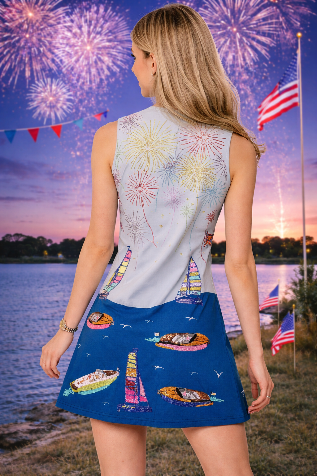Queen of Sparkles Multi Firework Over Boats Tank Dress-mini dress-Queen Of Sparkles-Deja Nu Boutique, Women's Fashion Boutique in Lampasas, Texas