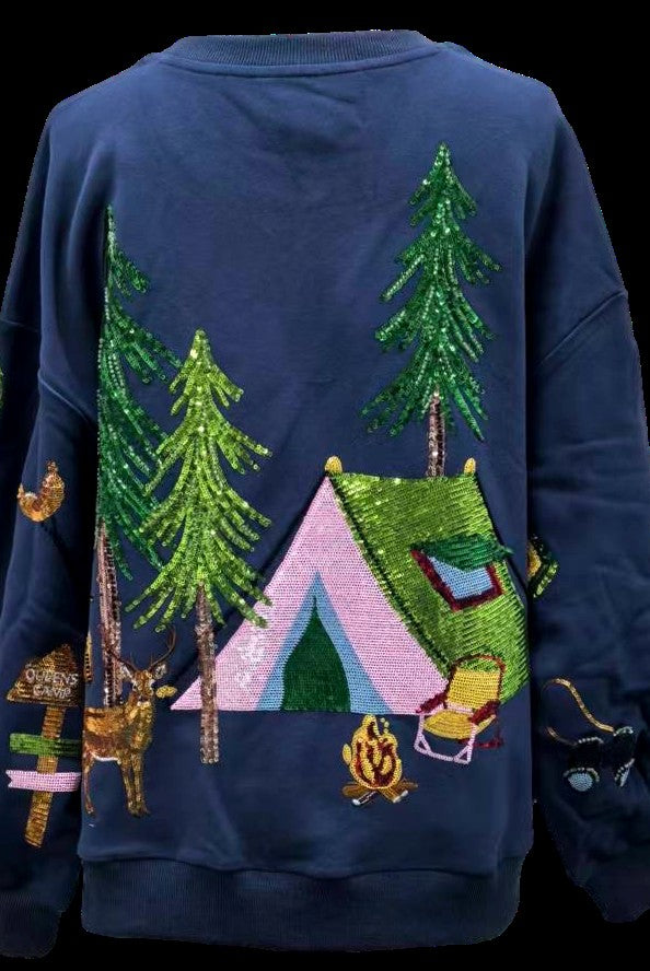 Queen of Sparkles Navy Camp Site Sweatshirt-sweatshirt-Queen Of Sparkles-Deja Nu Boutique, Women's Fashion Boutique in Lampasas, Texas