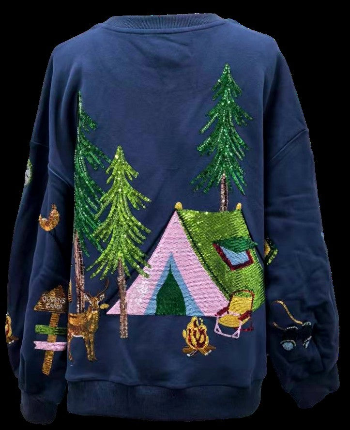 Queen of Sparkles Navy Camp Site Sweatshirt-sweatshirt-Queen Of Sparkles-Deja Nu Boutique, Women's Fashion Boutique in Lampasas, Texas