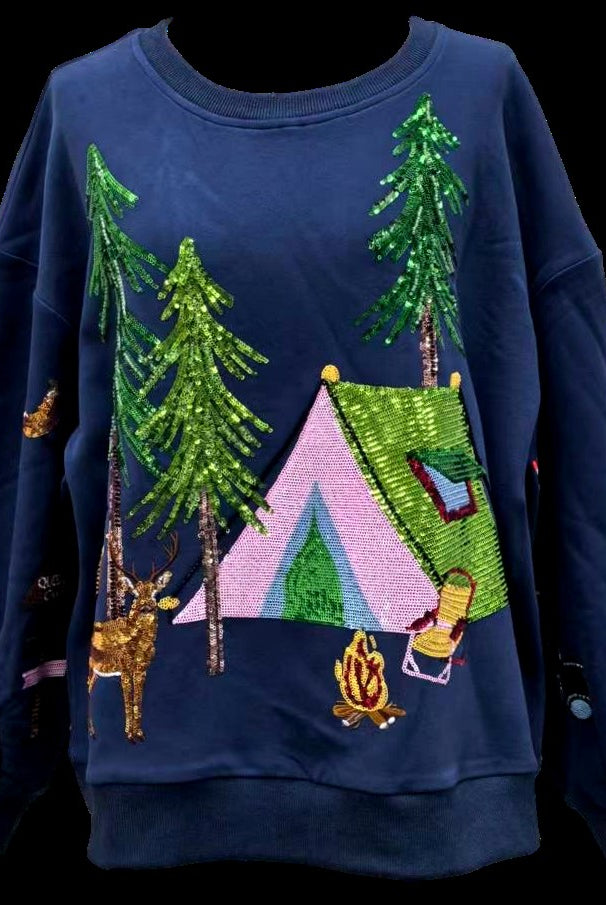 Queen of Sparkles Navy Camp Site Sweatshirt-sweatshirt-Queen Of Sparkles-Deja Nu Boutique, Women's Fashion Boutique in Lampasas, Texas