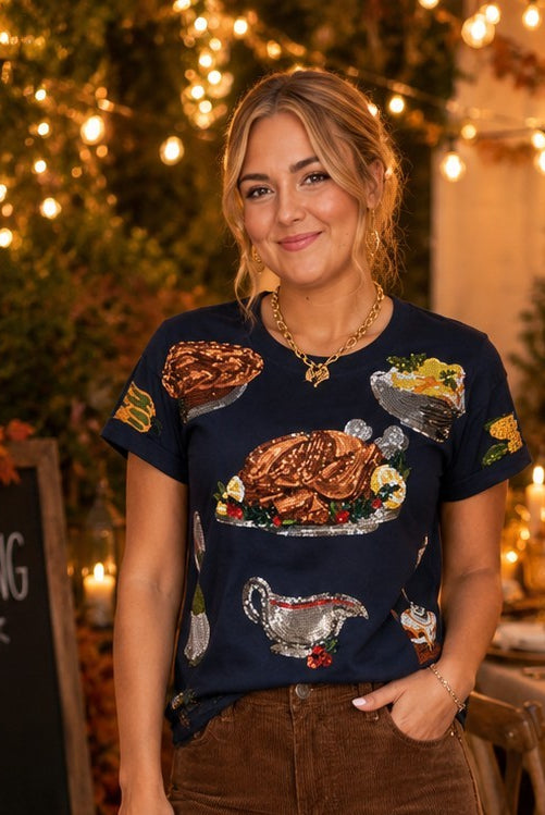 Queen of Sparkles Navy Thanksgiving Dinner Tee-T-Shirts-Queen Of Sparkles-Deja Nu Boutique, Women's Fashion Boutique in Lampasas, Texas