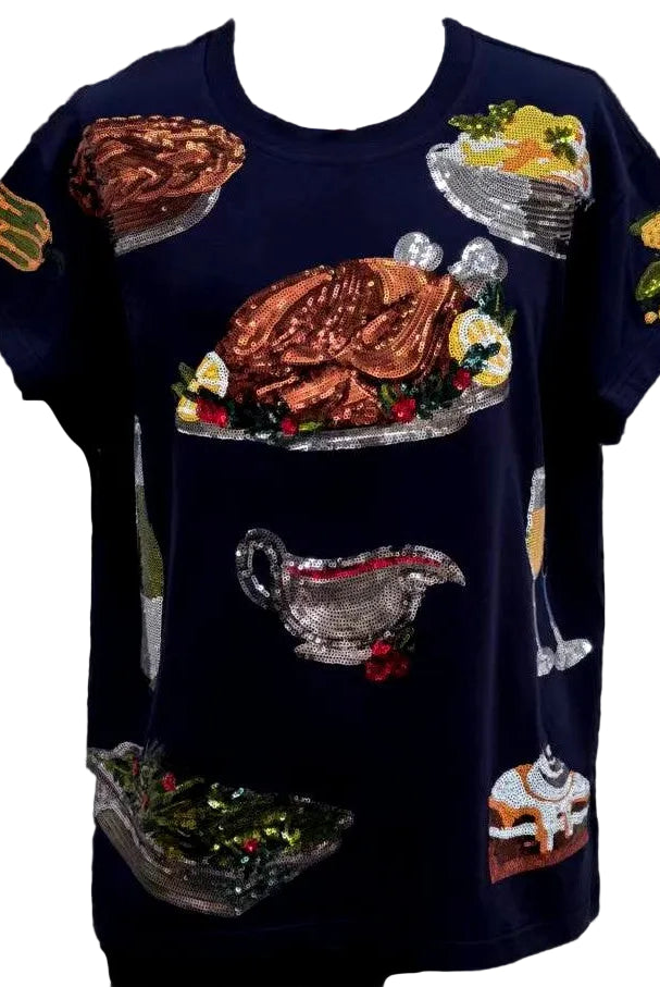 Queen of Sparkles Navy Thanksgiving Dinner Tee-T-Shirts-Queen Of Sparkles-Deja Nu Boutique, Women's Fashion Boutique in Lampasas, Texas