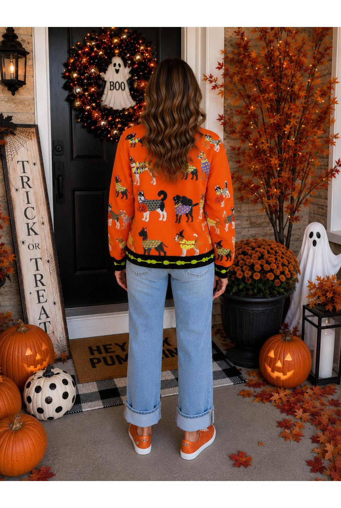 Queen of Sparkles Orange Halloween Dogs Button Up Cardigan-Cardigans & Kimonos-Queen Of Sparkles-Deja Nu Boutique, Women's Fashion Boutique in Lampasas, Texas