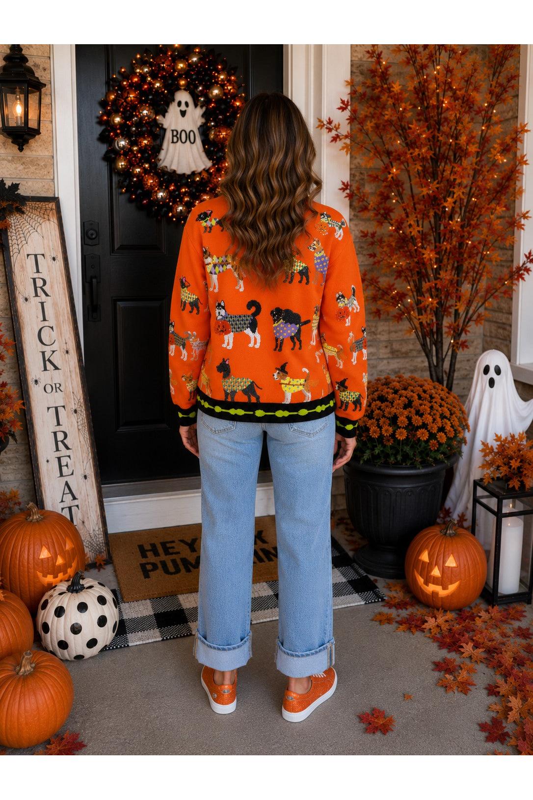 Queen of Sparkles Orange Halloween Dogs Button Up Cardigan-Cardigans & Kimonos-Queen Of Sparkles-Deja Nu Boutique, Women's Fashion Boutique in Lampasas, Texas