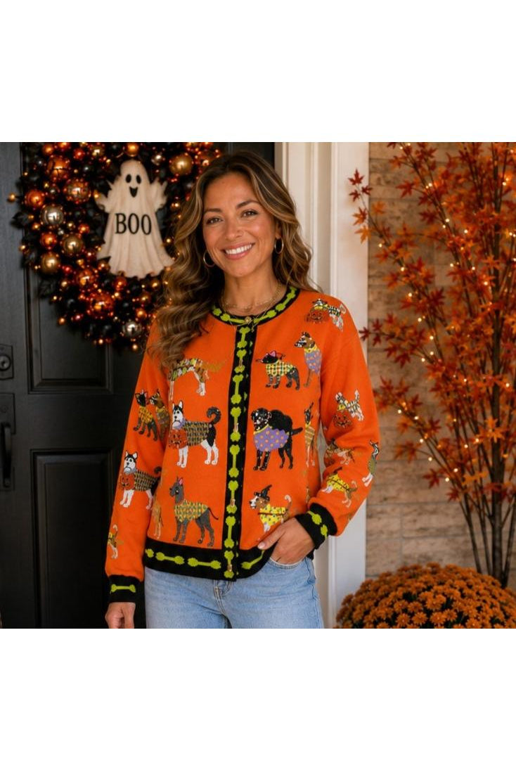 Queen of Sparkles Orange Halloween Dogs Button Up Cardigan-Cardigans & Kimonos-Queen Of Sparkles-Deja Nu Boutique, Women's Fashion Boutique in Lampasas, Texas