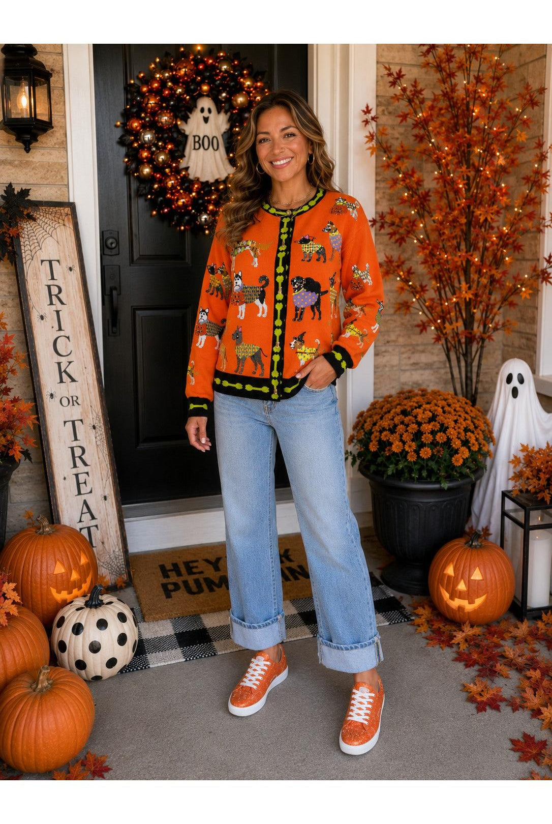 Queen of Sparkles Orange Halloween Dogs Button Up Cardigan-Cardigans & Kimonos-Queen Of Sparkles-Deja Nu Boutique, Women's Fashion Boutique in Lampasas, Texas