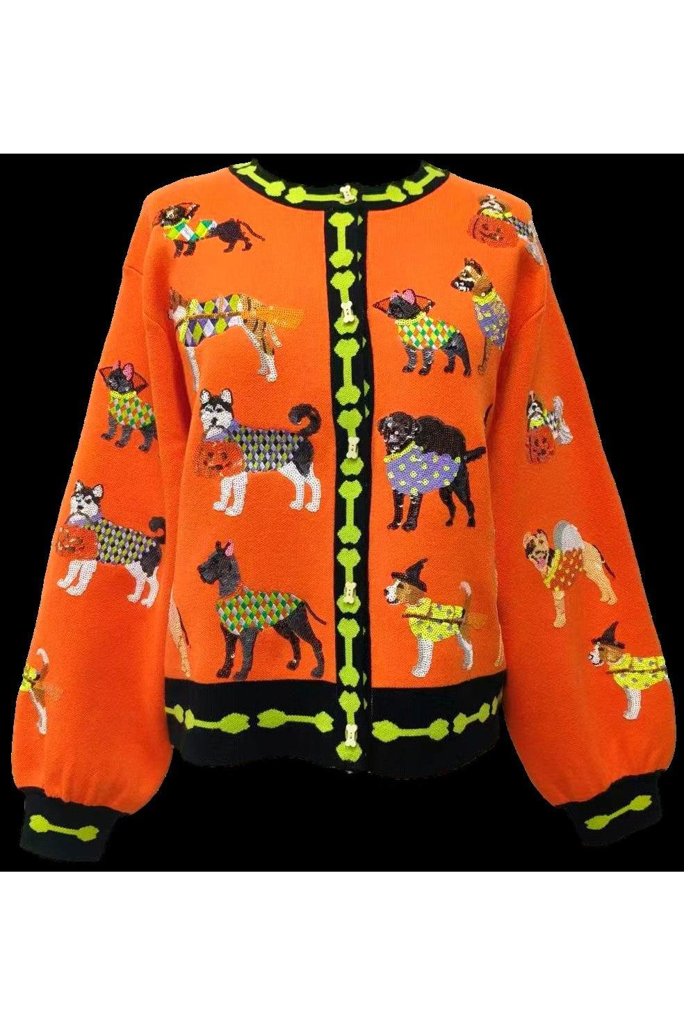 Queen of Sparkles Orange Halloween Dogs Button Up Cardigan-Cardigans & Kimonos-Queen Of Sparkles-Deja Nu Boutique, Women's Fashion Boutique in Lampasas, Texas