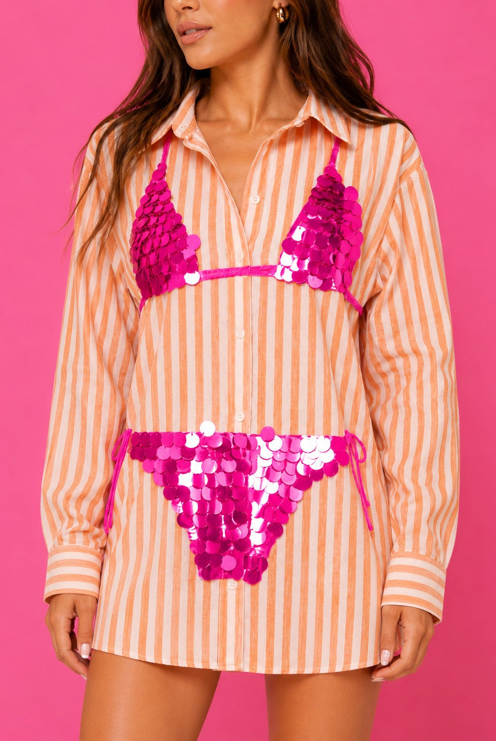Queen of Sparkles Orange Stripe Pink Paillette Bikini Tunic-Cover Up-Queen Of Sparkles-Deja Nu Boutique, Women's Fashion Boutique in Lampasas, Texas