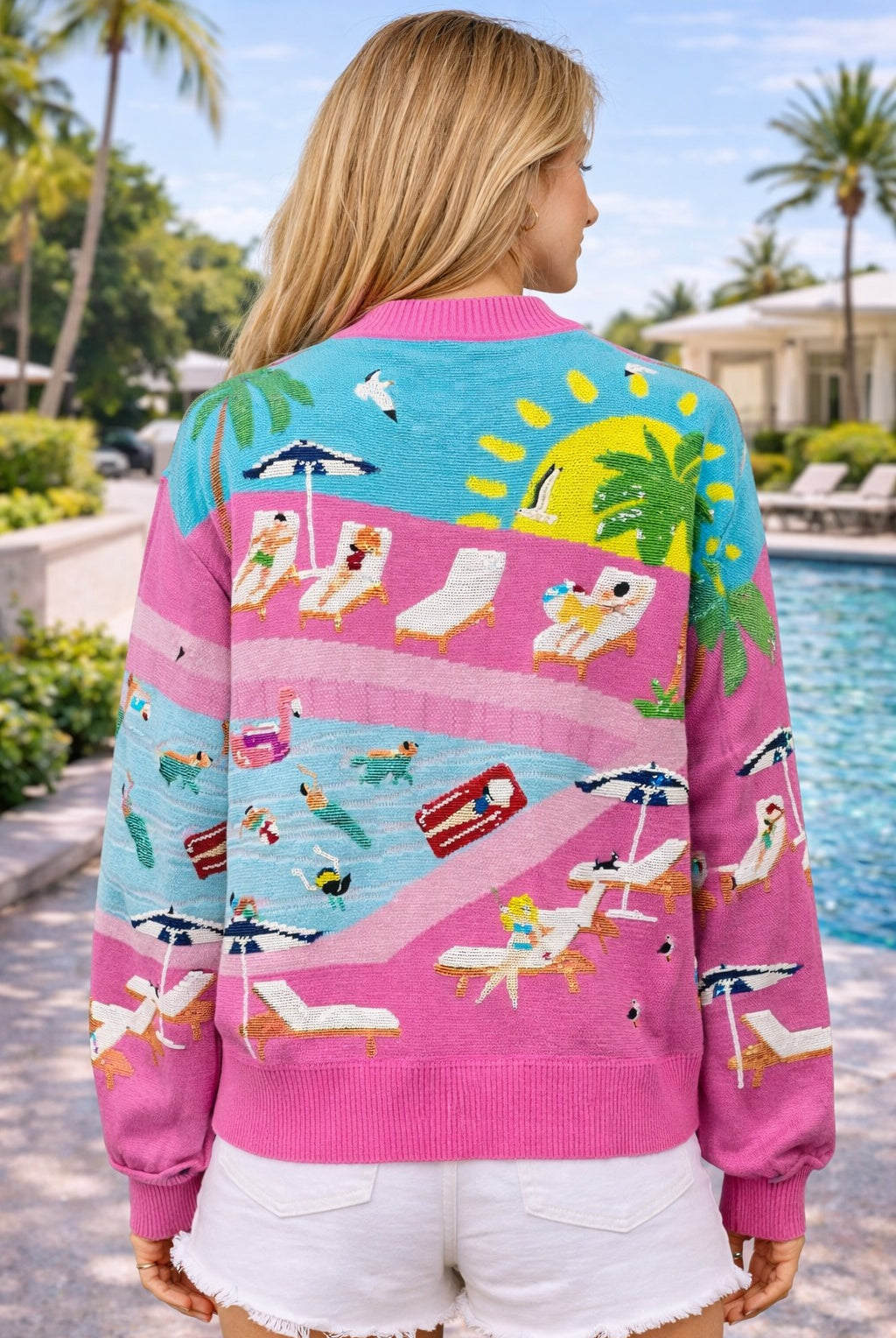 Queen of Sparkles Pink Swimming Pool Button-Up Cardigan-Cardigans & Kimonos-Queen Of Sparkles-Deja Nu Boutique, Women's Fashion Boutique in Lampasas, Texas