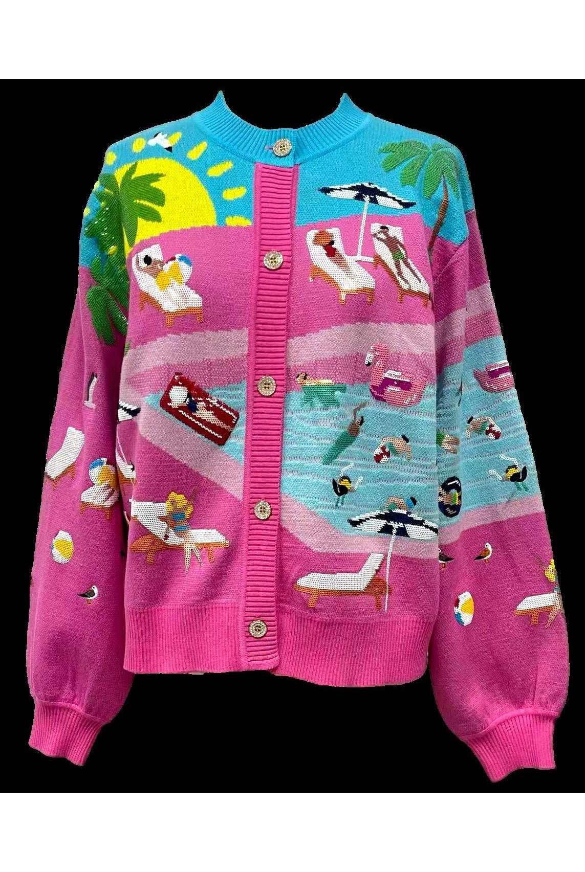 Queen of Sparkles Pink Swimming Pool Button-Up Cardigan-Cardigans & Kimonos-Queen Of Sparkles-Deja Nu Boutique, Women's Fashion Boutique in Lampasas, Texas