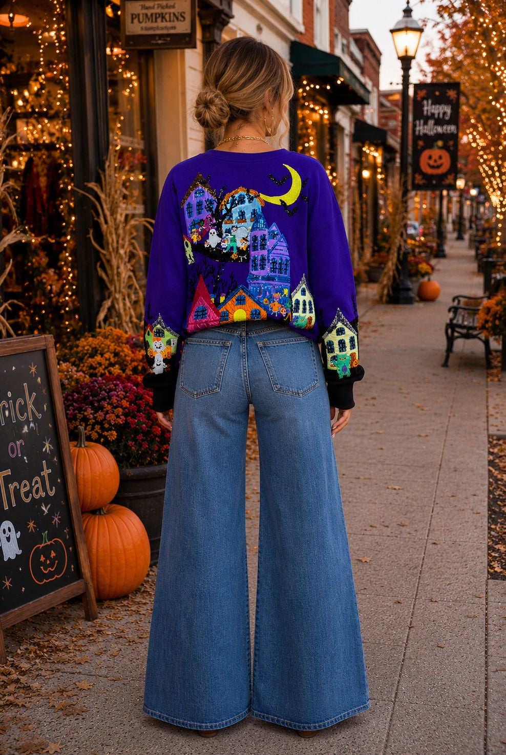 Queen of Sparkles Purple Trick or Treat Halloween Scene Sweatshirt-sweatshirt-Queen Of Sparkles-Deja Nu Boutique, Women's Fashion Boutique in Lampasas, Texas