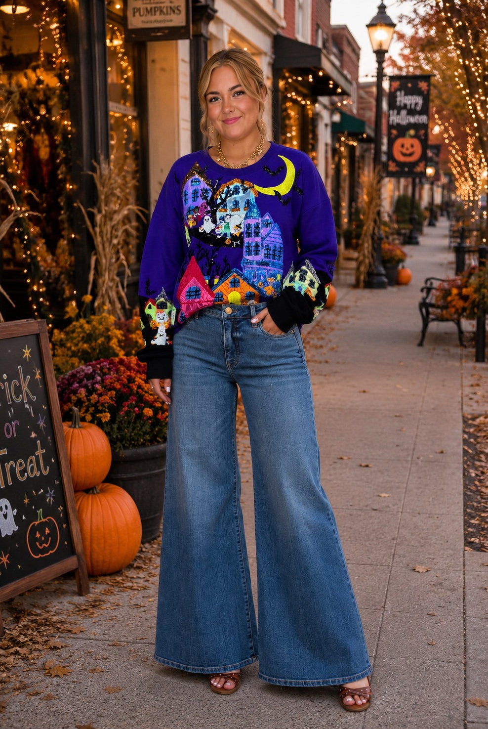 Queen of Sparkles Purple Trick or Treat Halloween Scene Sweatshirt-sweatshirt-Queen Of Sparkles-Deja Nu Boutique, Women's Fashion Boutique in Lampasas, Texas