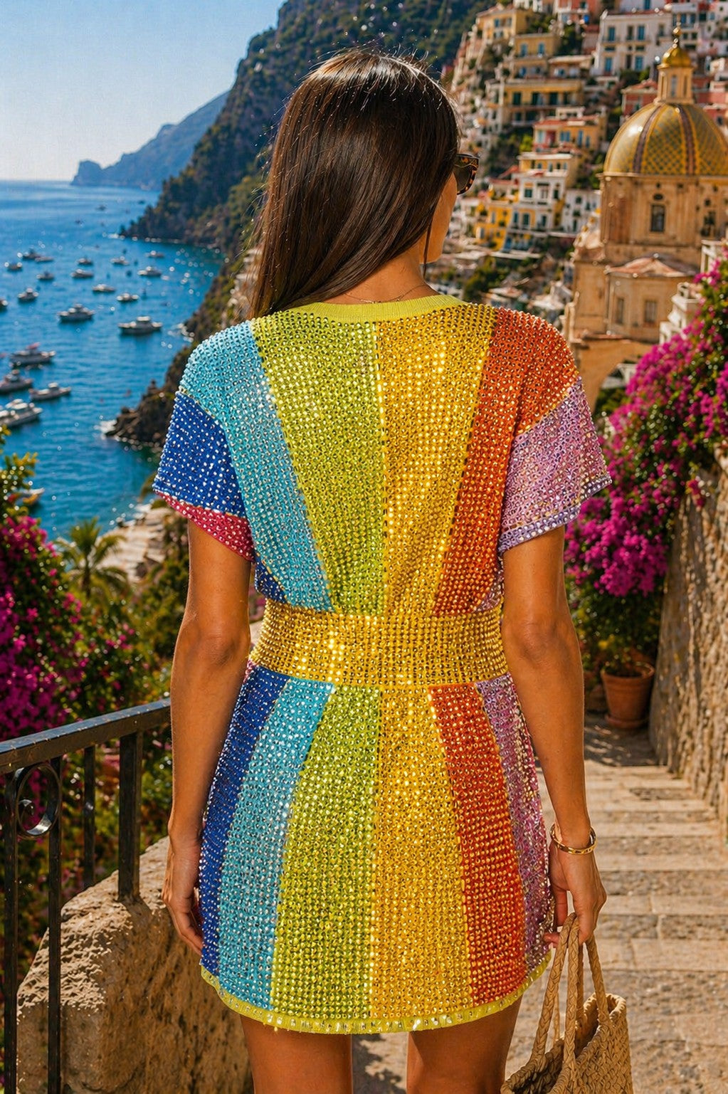 Queen of Sparkles Rainbow Rhinestone V-Neck Dress-mini dress-Queen Of Sparkles-Deja Nu Boutique, Women's Fashion Boutique in Lampasas, Texas
