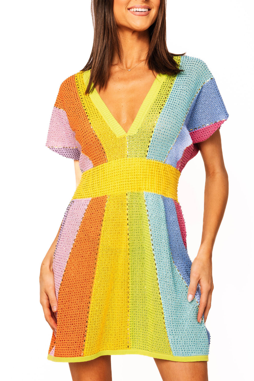 Queen of Sparkles Rainbow Rhinestone V-Neck Dress-mini dress-Queen Of Sparkles-Deja Nu Boutique, Women's Fashion Boutique in Lampasas, Texas