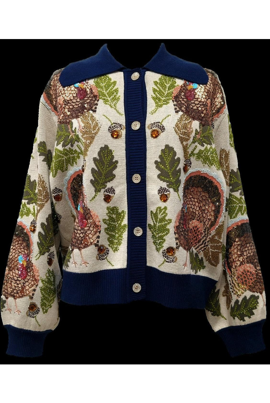 Queen of Sparkles Navy Trim Turkey, Leaf & Acorn Button Up Cardigan-Cardigans & Kimonos-Queen Of Sparkles-Deja Nu Boutique, Women's Fashion Boutique in Lampasas, Texas