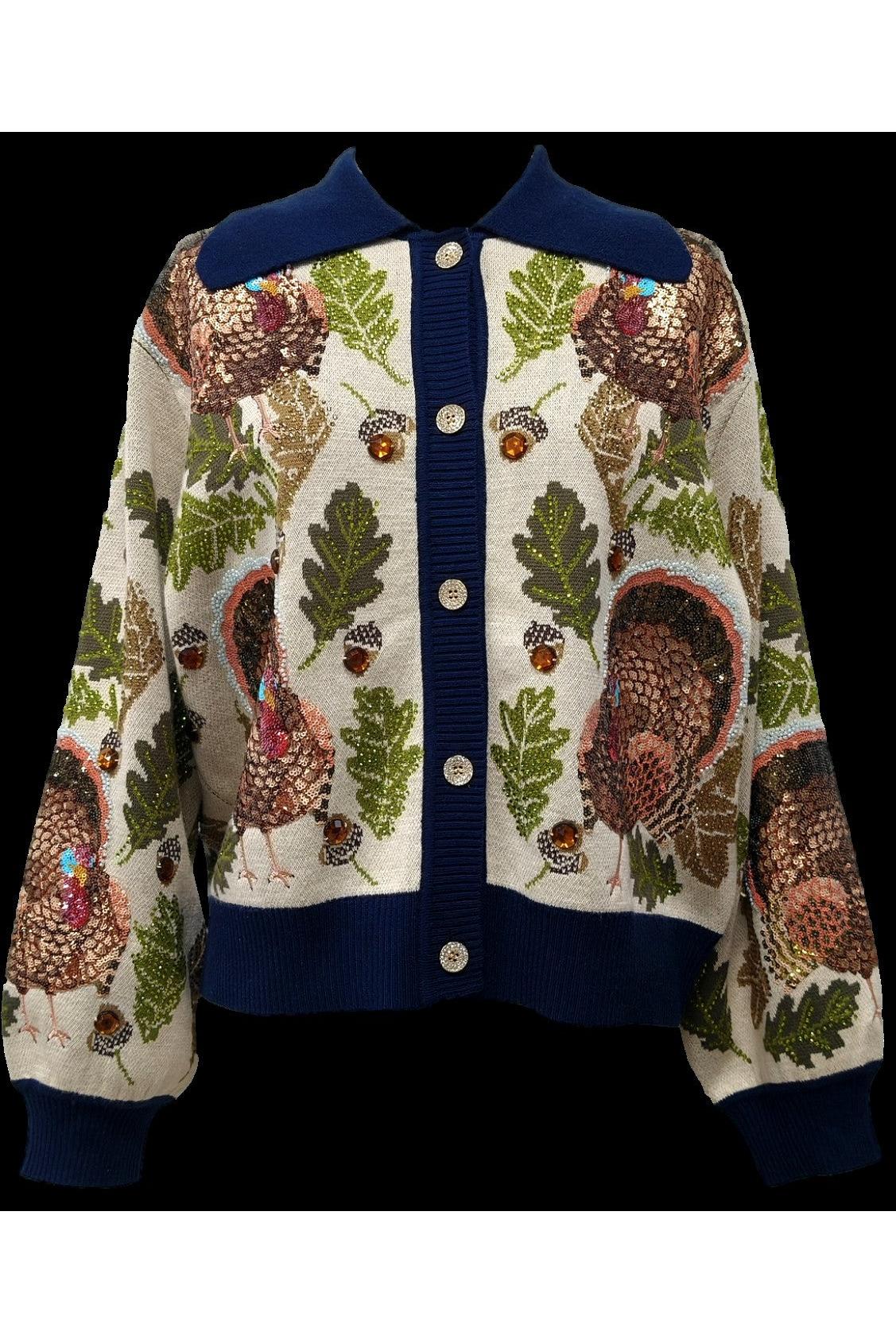Queen of Sparkles Navy Trim Turkey, Leaf & Acorn Button Up Cardigan-Cardigans & Kimonos-Queen Of Sparkles-Deja Nu Boutique, Women's Fashion Boutique in Lampasas, Texas