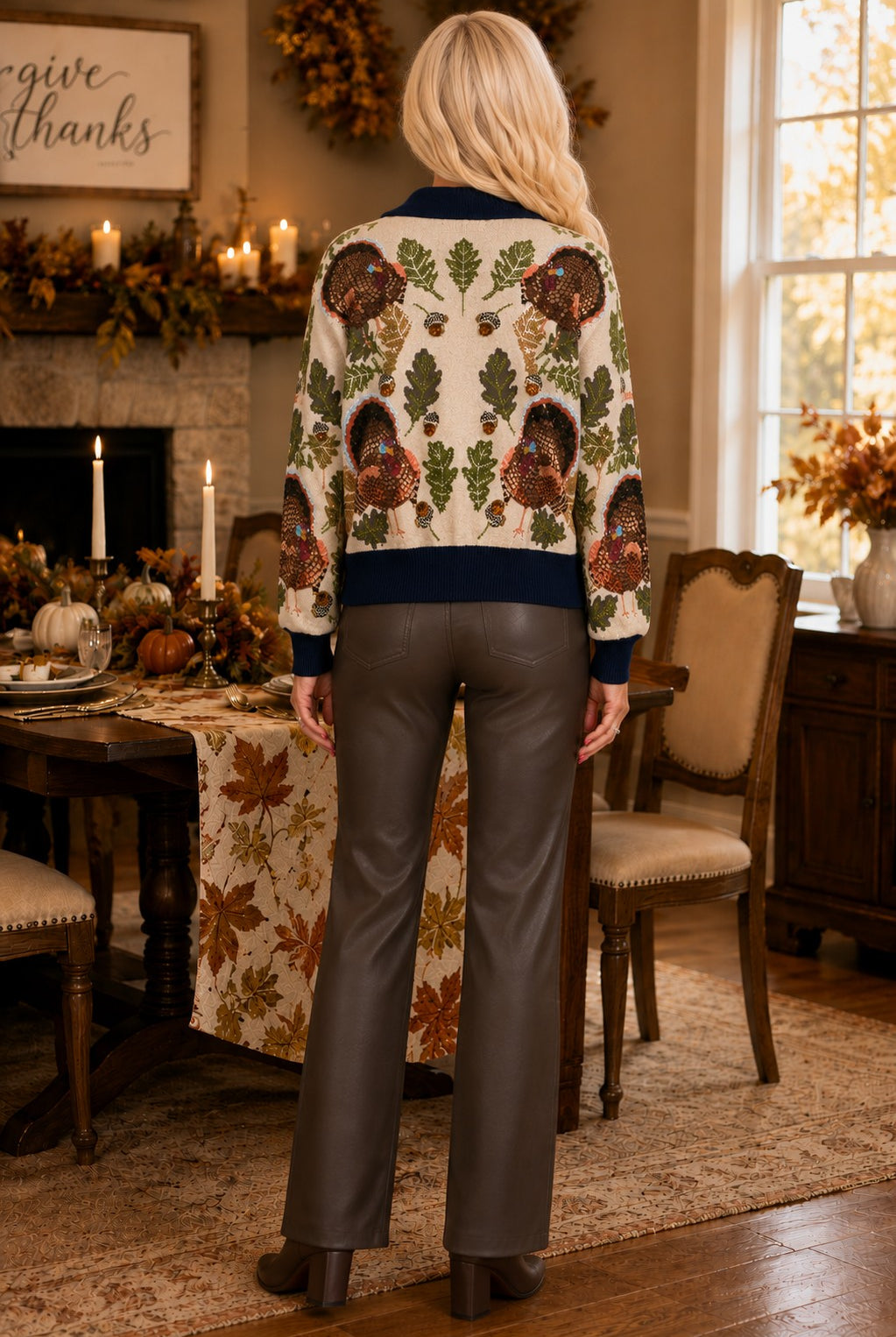 Queen of Sparkles Navy Trim Turkey, Leaf & Acorn Button Up Cardigan-Cardigans & Kimonos-Queen Of Sparkles-Deja Nu Boutique, Women's Fashion Boutique in Lampasas, Texas