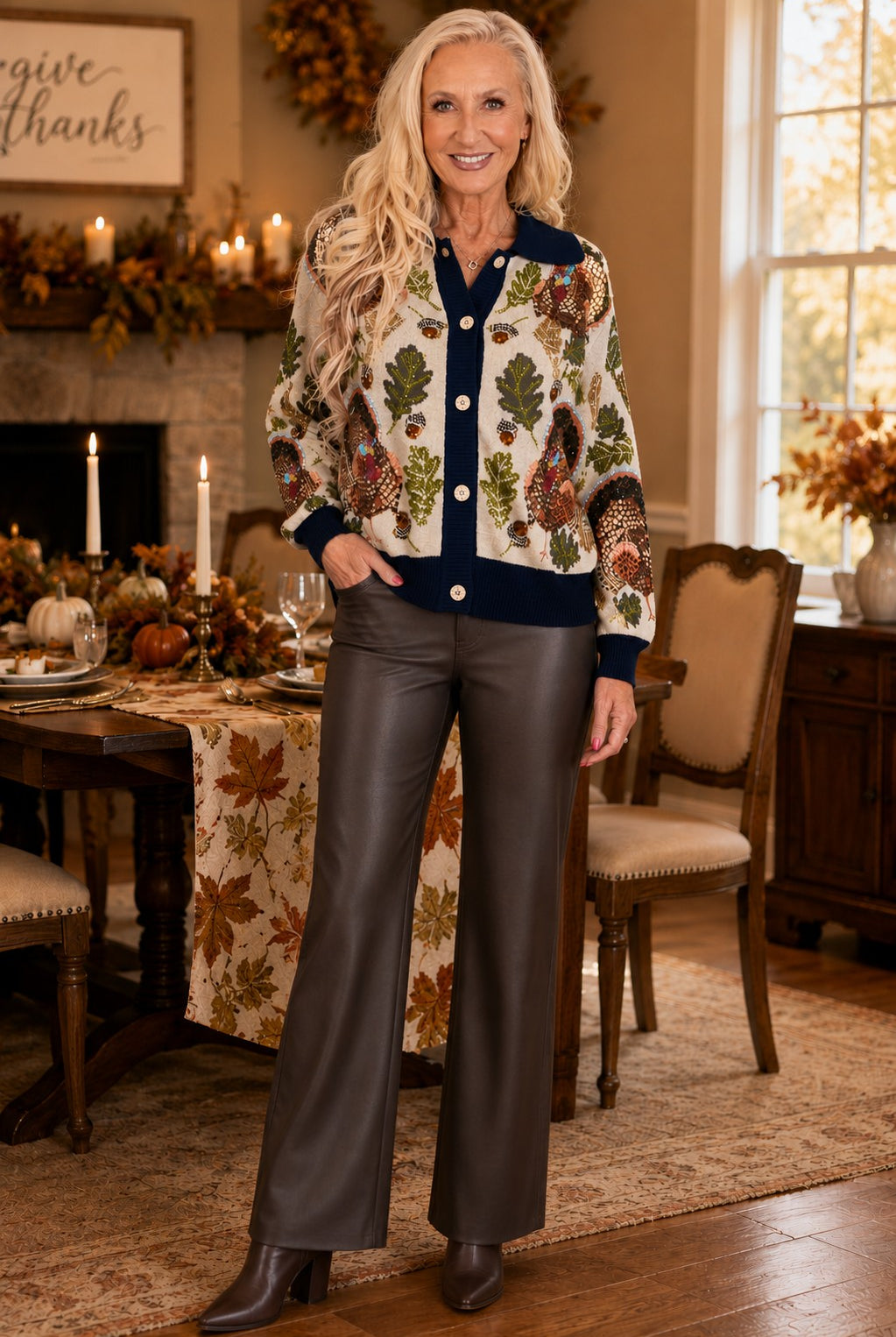 Queen of Sparkles Navy Trim Turkey, Leaf & Acorn Button Up Cardigan-Cardigans & Kimonos-Queen Of Sparkles-Deja Nu Boutique, Women's Fashion Boutique in Lampasas, Texas