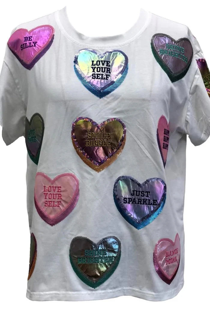Queen Of Sparkles White Positive Candy Hearts Tee-Tops-Queen Of Sparkles-Deja Nu Boutique, Women's Fashion Boutique in Lampasas, Texas