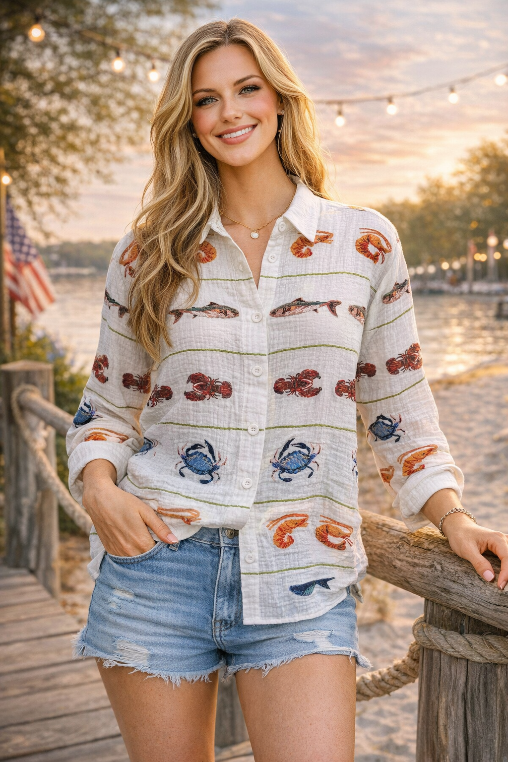 Queen of Sparkles White Striped Seafood Gauze Button Up Top-shirts-Queen Of Sparkles-Deja Nu Boutique, Women's Fashion Boutique in Lampasas, Texas