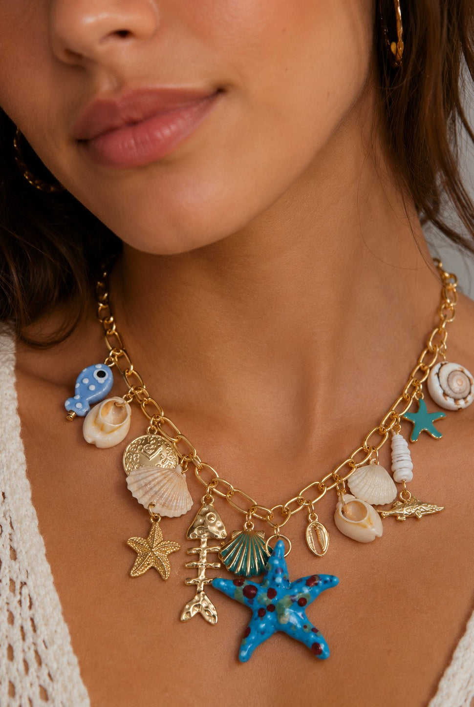 Rain Gold Blue Ceramic Beach Life Charm Necklace Set-charm necklace-Rain Jewelry Collection-Deja Nu Boutique, Women's Fashion Boutique in Lampasas, Texas