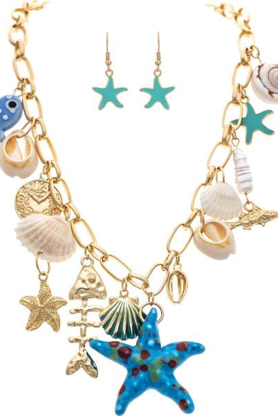 Rain Gold Blue Ceramic Beach Life Charm Necklace Set-charm necklace-Rain Jewelry Collection-Deja Nu Boutique, Women's Fashion Boutique in Lampasas, Texas