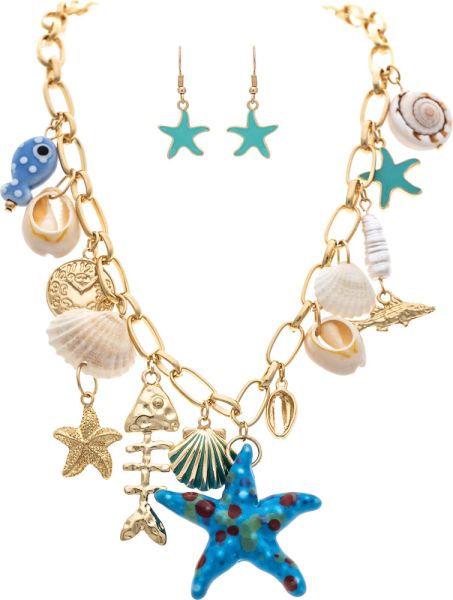 Rain Gold Blue Ceramic Beach Life Charm Necklace Set-charm necklace-Rain Jewelry Collection-Deja Nu Boutique, Women's Fashion Boutique in Lampasas, Texas