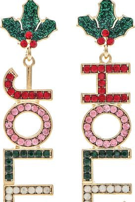 Rain Gold Crystal Holly Jolly Christmas Word Earrings-Earrings-Rain Jewelry Collection-Deja Nu Boutique, Women's Fashion Boutique in Lampasas, Texas