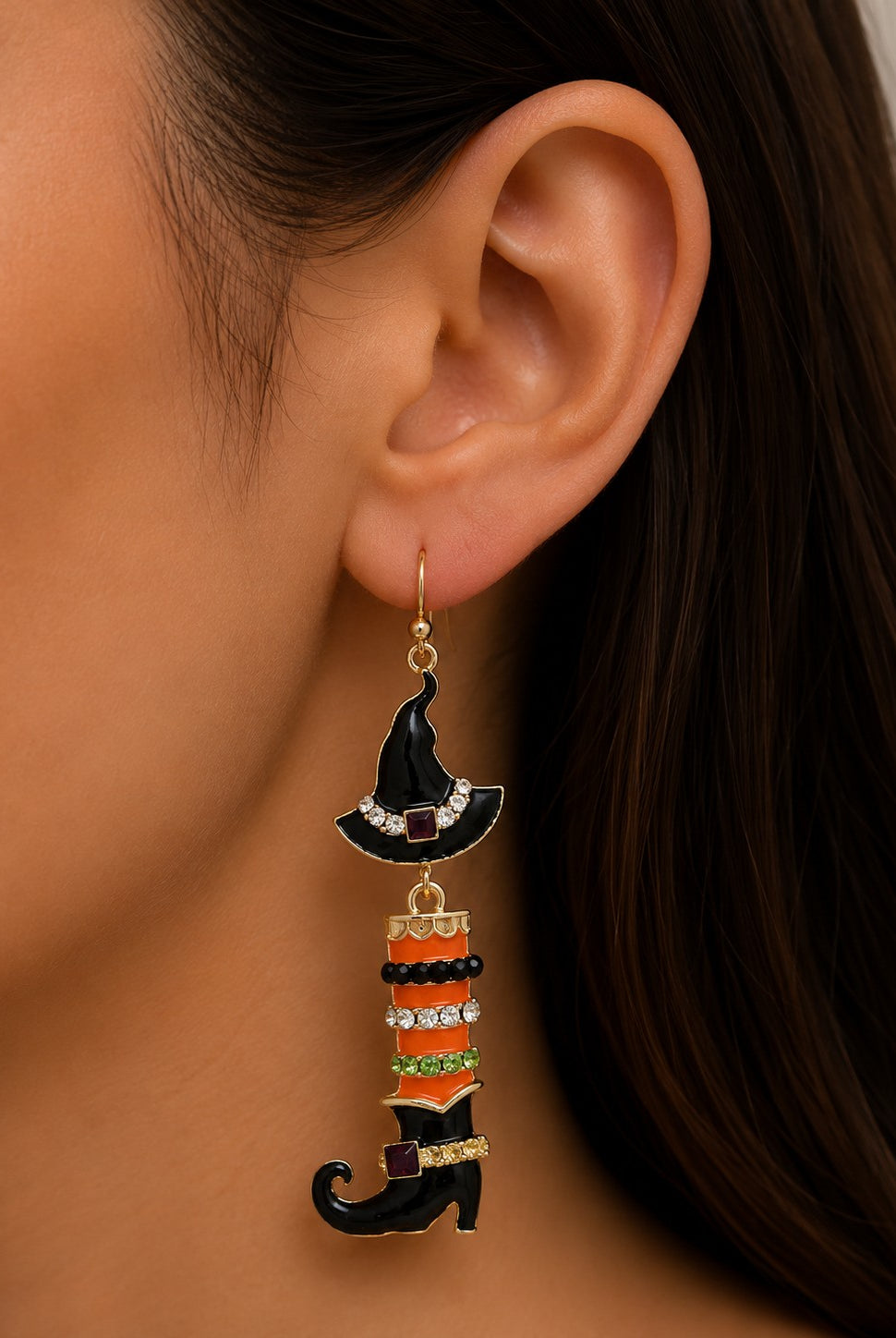 Rain Gold Crystal Witchy Boot Halloween Earrings-Earrings-Rain Jewelry Collection-Deja Nu Boutique, Women's Fashion Boutique in Lampasas, Texas