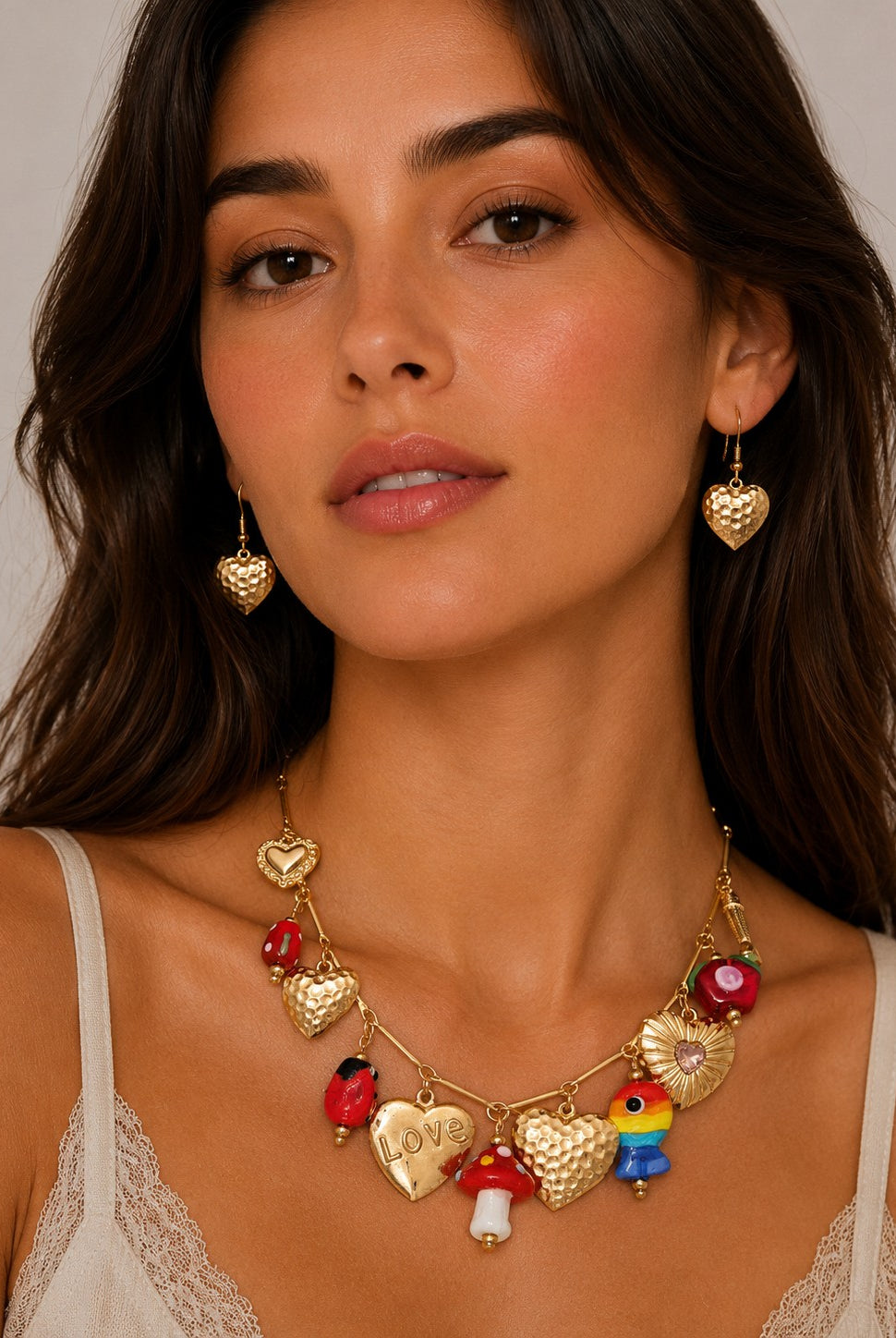 Rain Gold Glass Bead Charm Heart Fish Ladybug Mushroom Necklace Set-charm necklace-Rain Jewelry Collection-Deja Nu Boutique, Women's Fashion Boutique in Lampasas, Texas