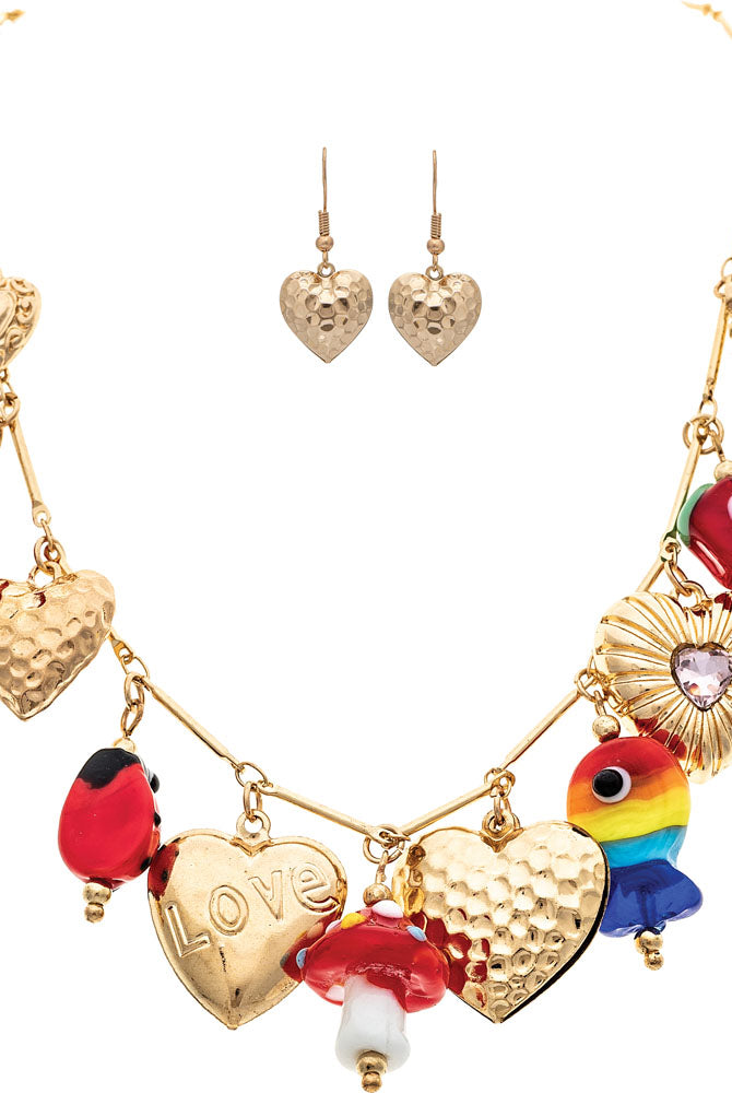 Rain Gold Glass Bead Charm Heart Fish Ladybug Mushroom Necklace Set-charm necklace-Rain Jewelry Collection-Deja Nu Boutique, Women's Fashion Boutique in Lampasas, Texas