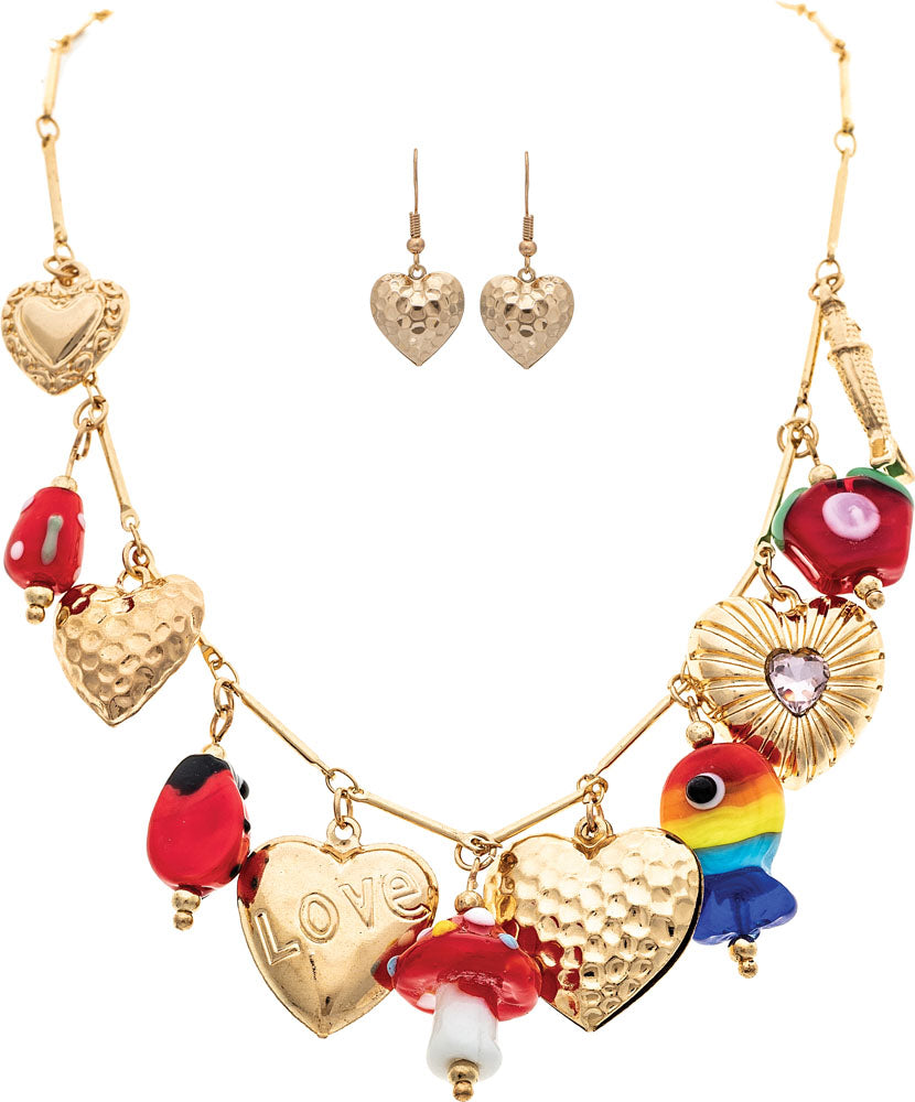 Rain Gold Glass Bead Charm Heart Fish Ladybug Mushroom Necklace Set-charm necklace-Rain Jewelry Collection-Deja Nu Boutique, Women's Fashion Boutique in Lampasas, Texas