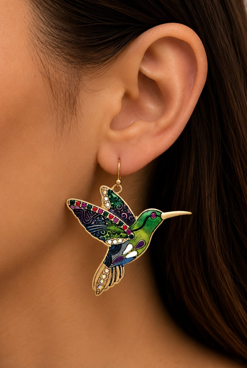 Rain Gold Multicolor Inlay Crystal Hummingbird Earrings-Earrings-Rain Jewelry Collection-Deja Nu Boutique, Women's Fashion Boutique in Lampasas, Texas