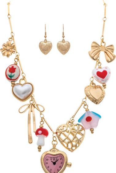 Rain Gold Pink Multicolor Glass Bead Faux Watch Charm Flower Heart Birdhouse Mushroom Necklace Set-charm necklace-Rain Jewelry Collection-Deja Nu Boutique, Women's Fashion Boutique in Lampasas, Texas