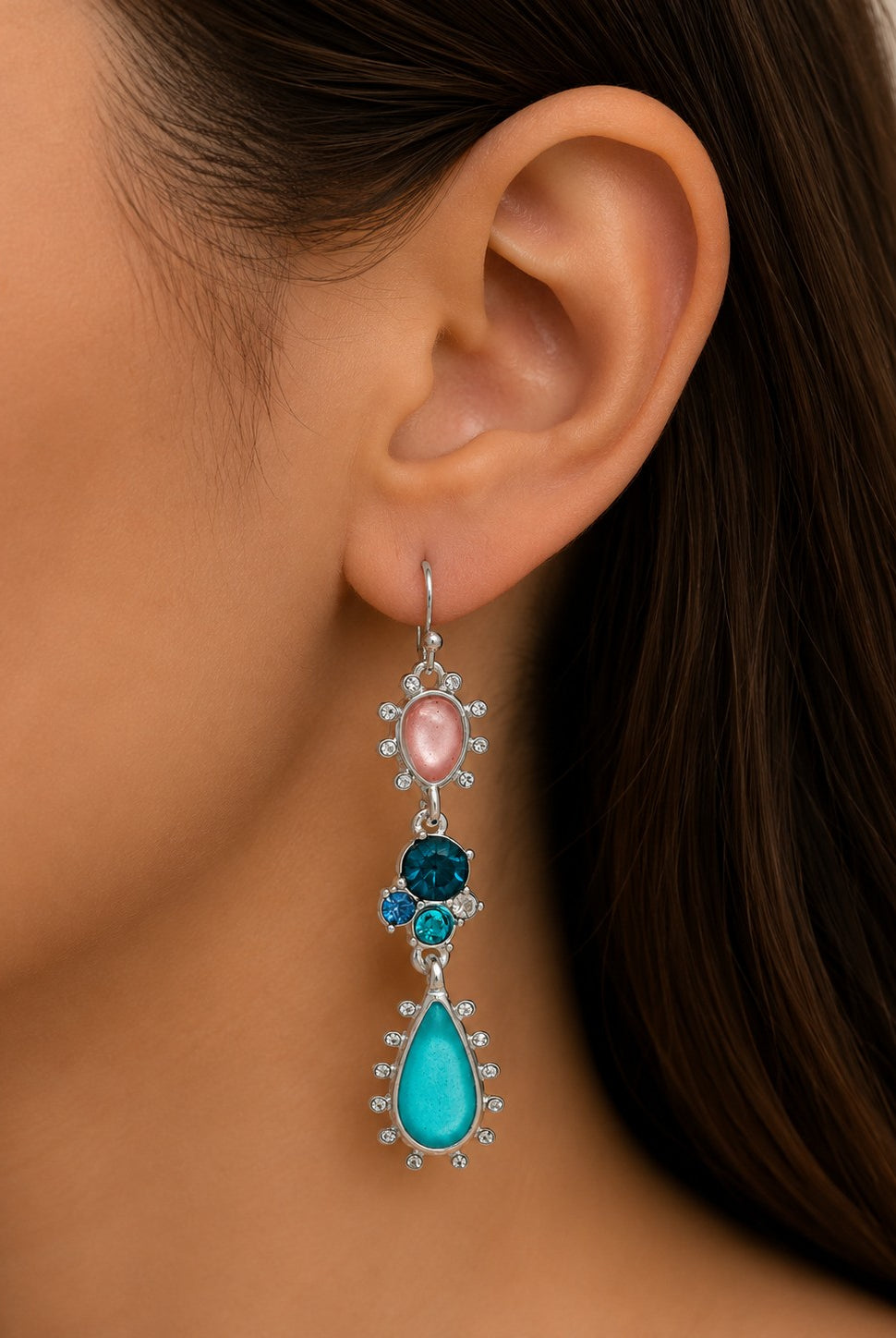 Rain Silver Blue Sea Gems & Crystal Dots Earrings-Earrings-Rain Jewelry Collection-Deja Nu Boutique, Women's Fashion Boutique in Lampasas, Texas