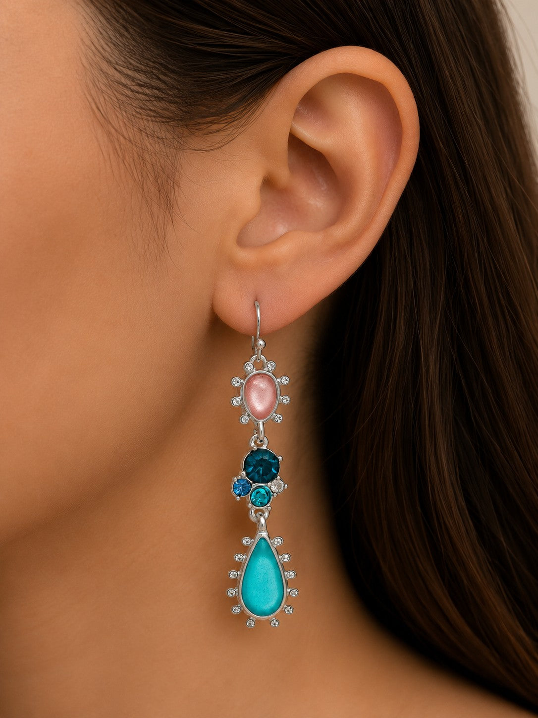 Rain Silver Blue Sea Gems & Crystal Dots Earrings-Earrings-Rain Jewelry Collection-Deja Nu Boutique, Women's Fashion Boutique in Lampasas, Texas