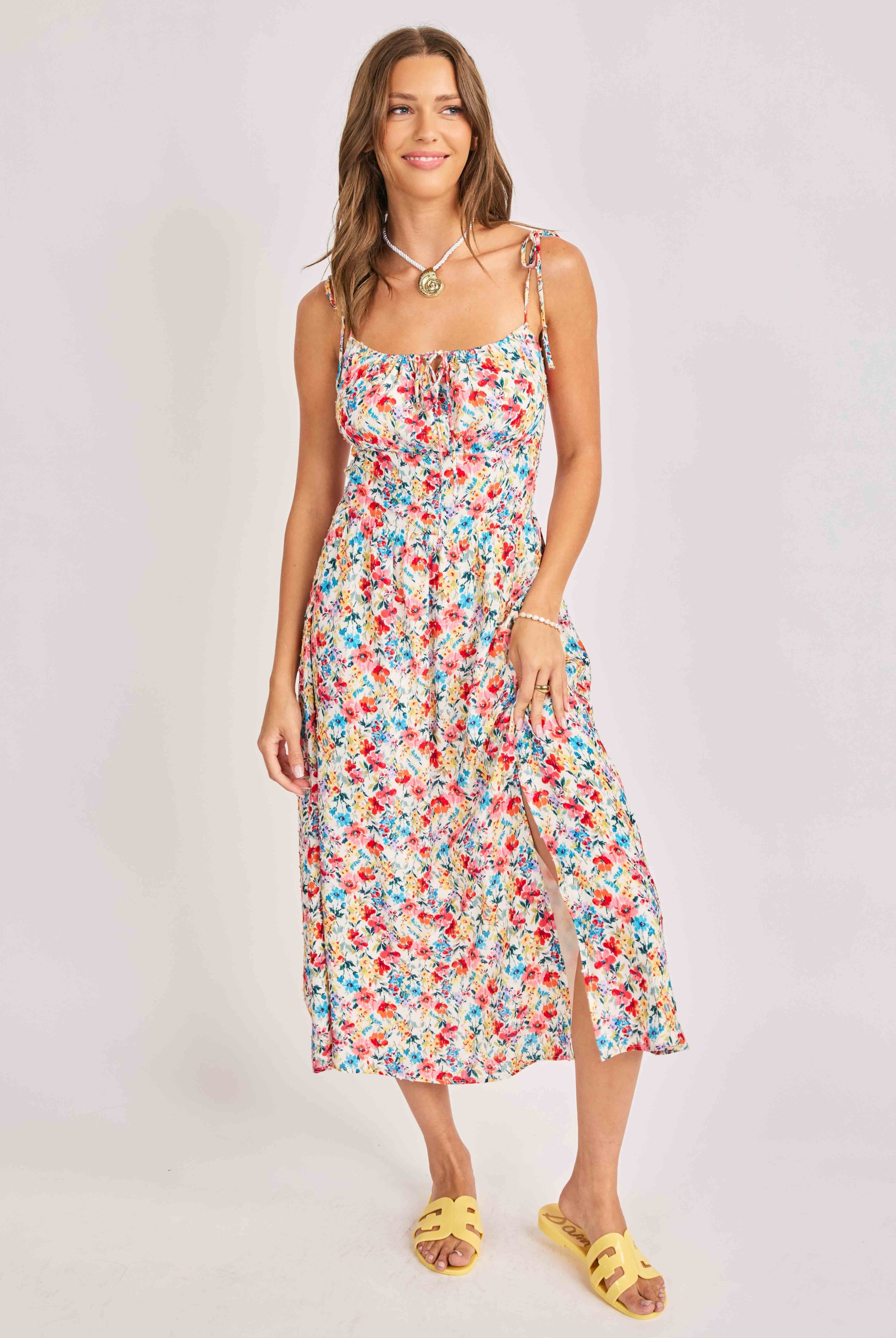 Sadie & Sage Cove Tie Strap Floral Midi Dress – Cream Multi-Midi Dresses-Sadie & Sage-Deja Nu Boutique, Women's Fashion Boutique in Lampasas, Texas