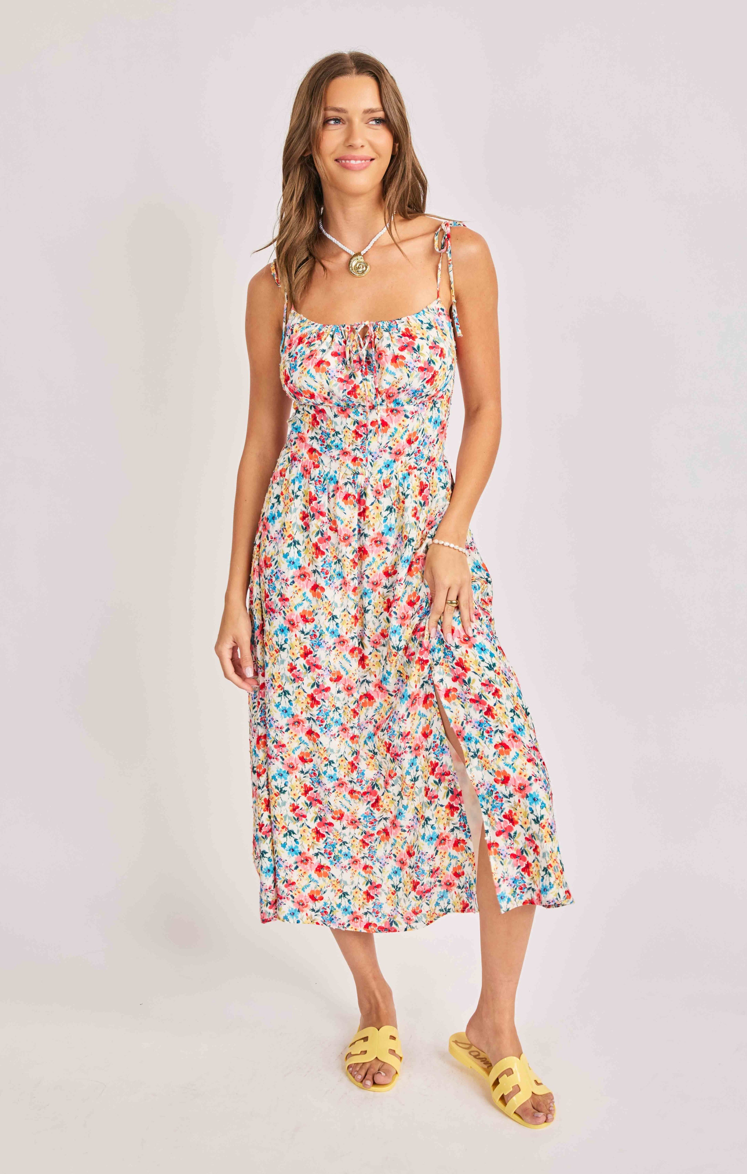 Sadie & Sage Cove Tie Strap Floral Midi Dress – Cream Multi-Midi Dresses-Sadie & Sage-Deja Nu Boutique, Women's Fashion Boutique in Lampasas, Texas