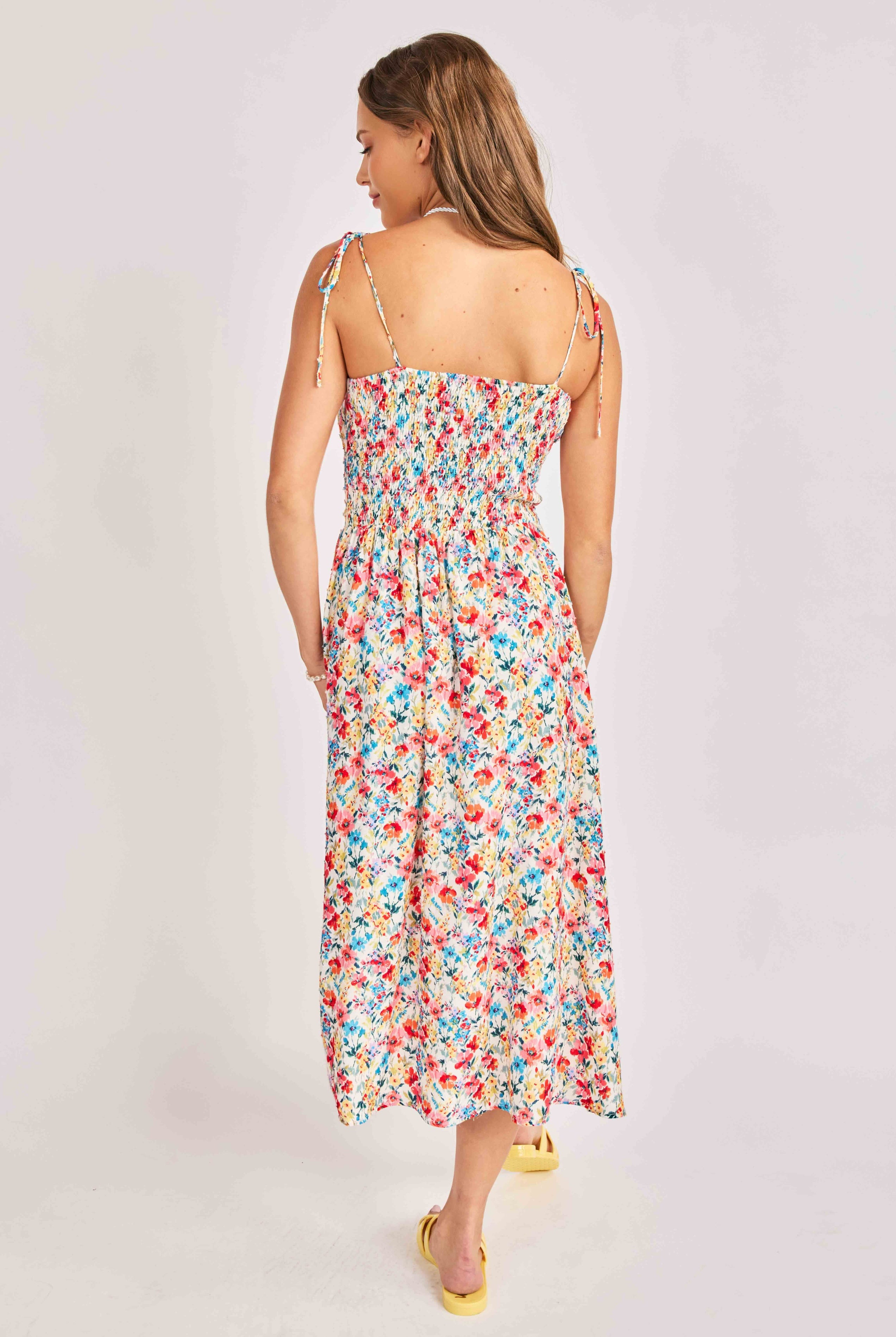 Sadie & Sage Cove Tie Strap Floral Midi Dress – Cream Multi-Midi Dresses-Sadie & Sage-Deja Nu Boutique, Women's Fashion Boutique in Lampasas, Texas