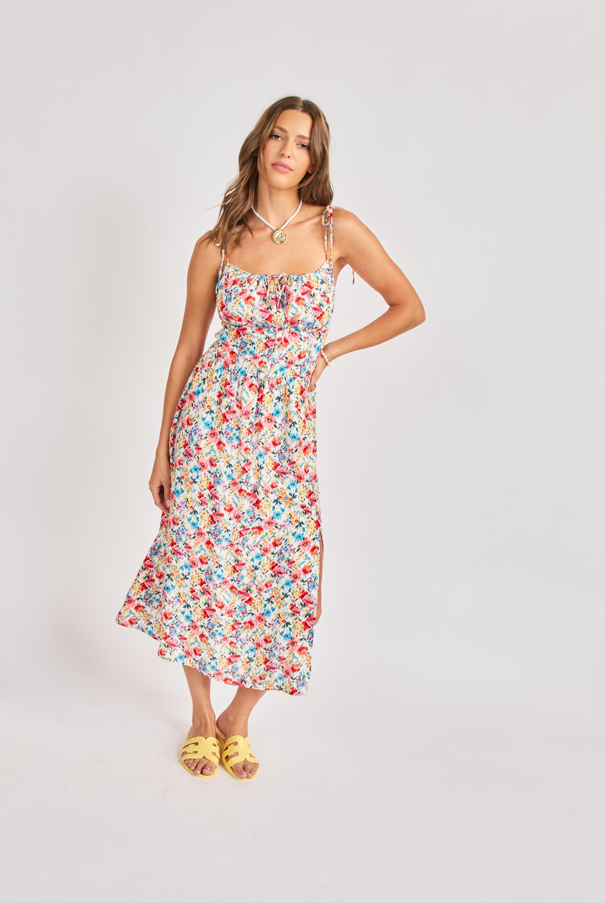 Sadie & Sage Cove Tie Strap Floral Midi Dress – Cream Multi-Midi Dresses-Sadie & Sage-Deja Nu Boutique, Women's Fashion Boutique in Lampasas, Texas