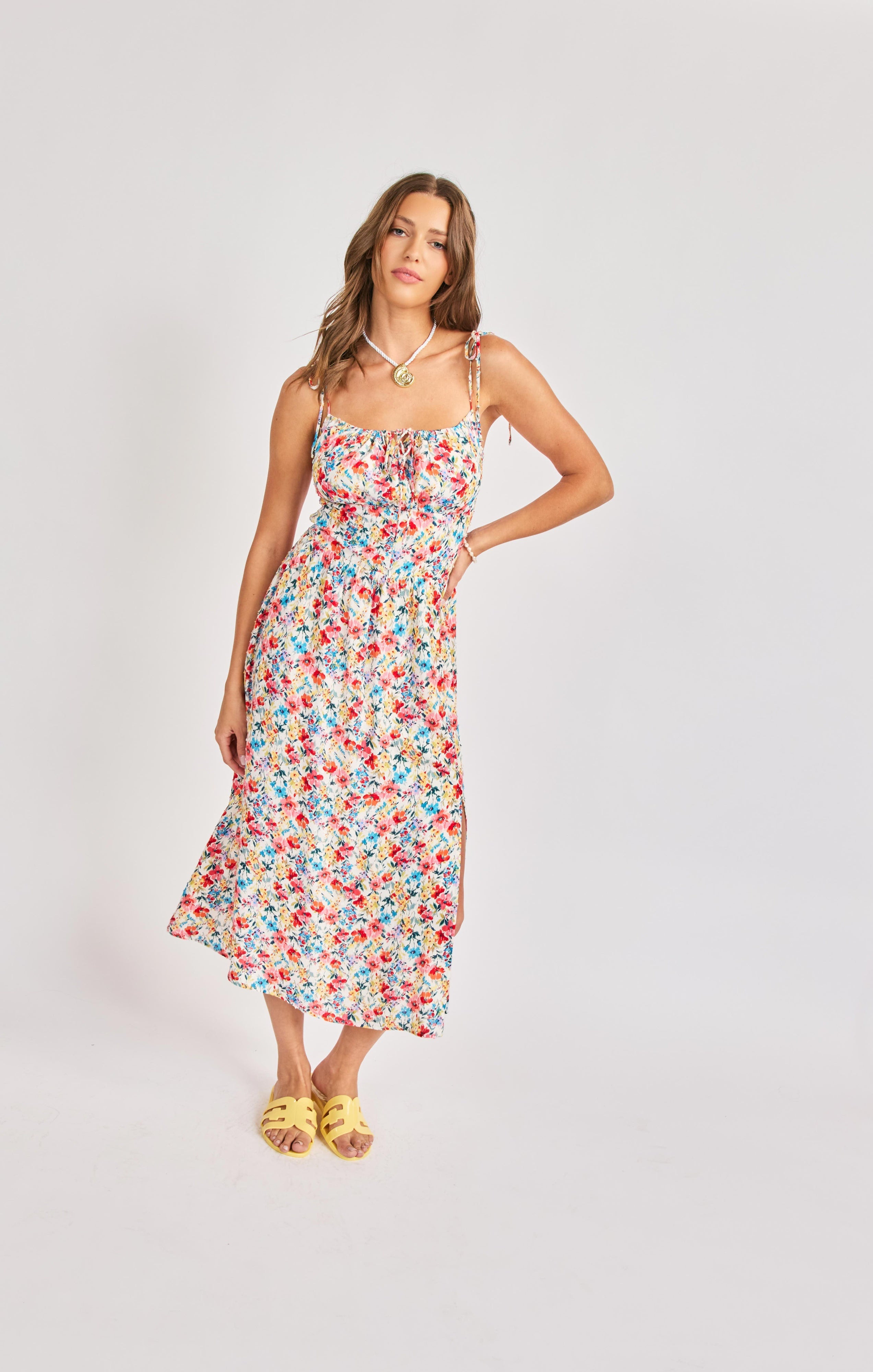 Sadie & Sage Cove Tie Strap Floral Midi Dress – Cream Multi-Midi Dresses-Sadie & Sage-Deja Nu Boutique, Women's Fashion Boutique in Lampasas, Texas