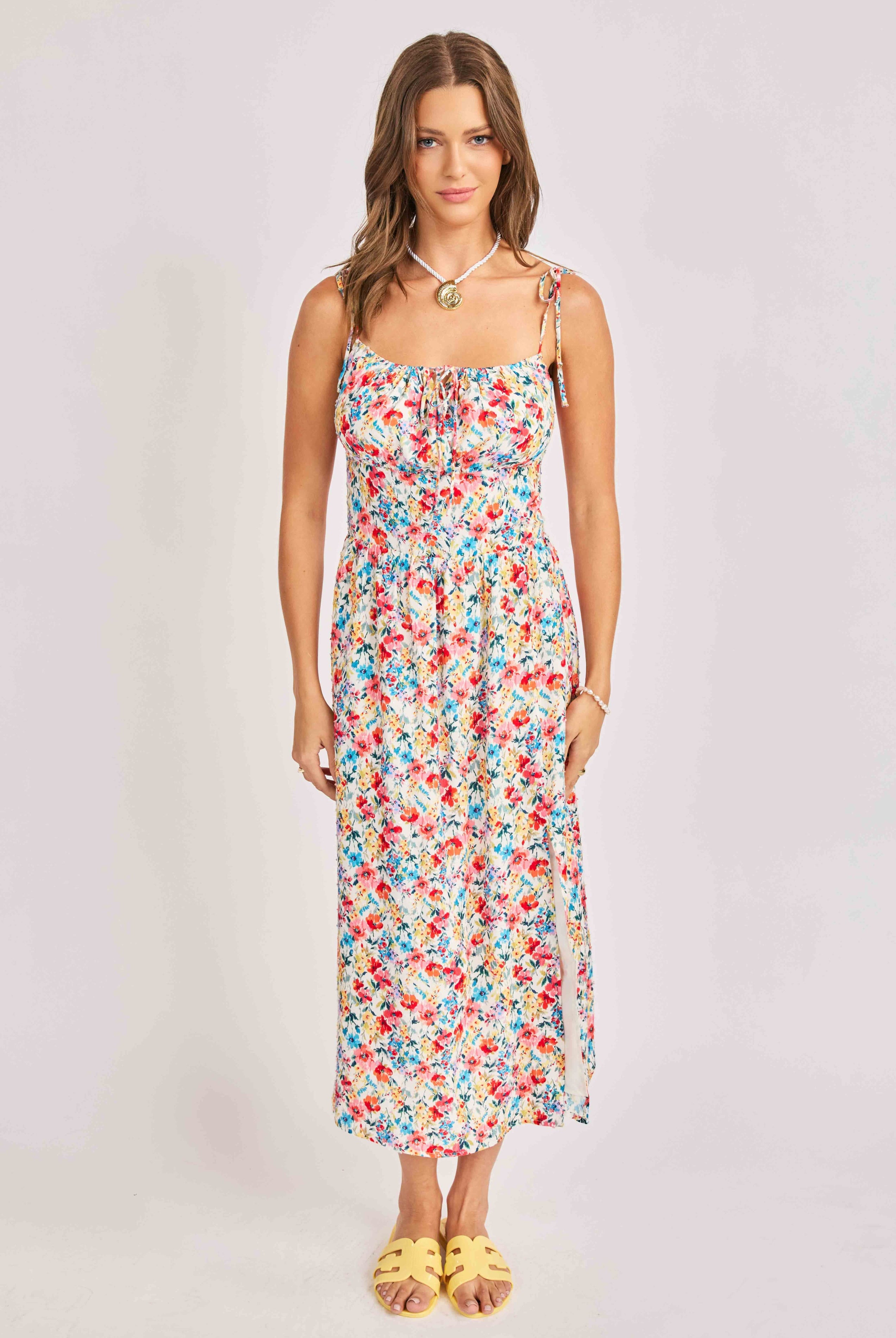 Sadie & Sage Cove Tie Strap Floral Midi Dress – Cream Multi-Midi Dresses-Sadie & Sage-Deja Nu Boutique, Women's Fashion Boutique in Lampasas, Texas