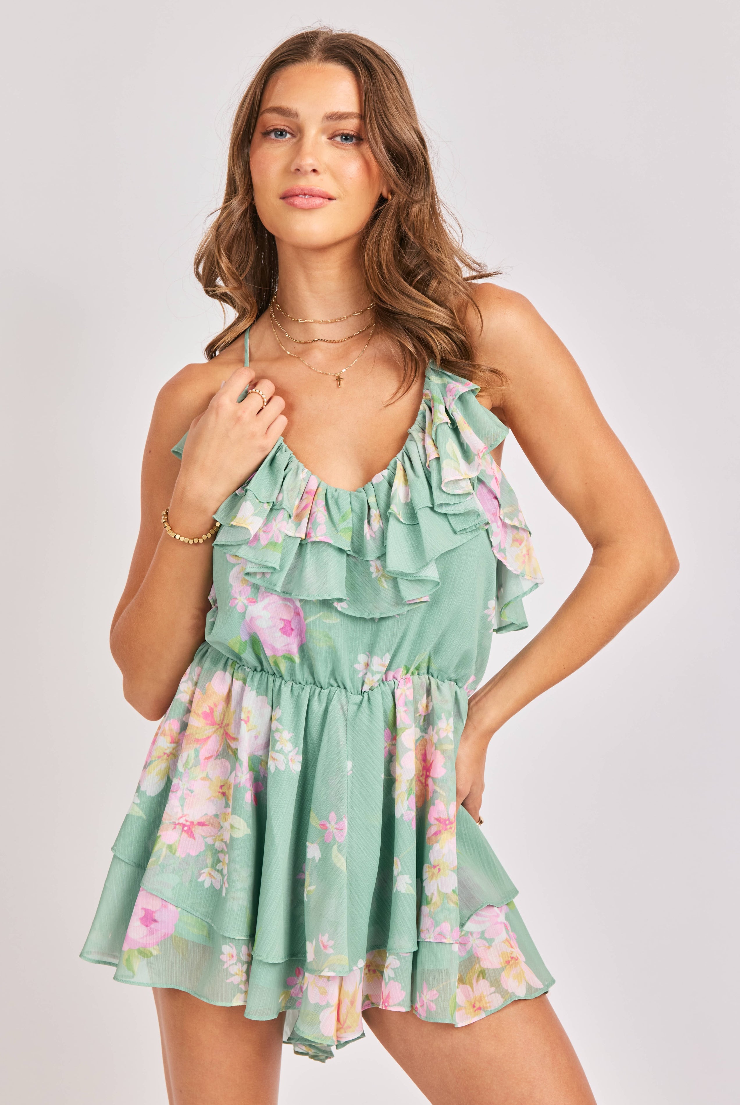 Sadie & Sage Desert Rose Sage Floral Ruffle Romper-Rompers & Jumpsuits-Sadie & Sage-Deja Nu Boutique, Women's Fashion Boutique in Lampasas, Texas