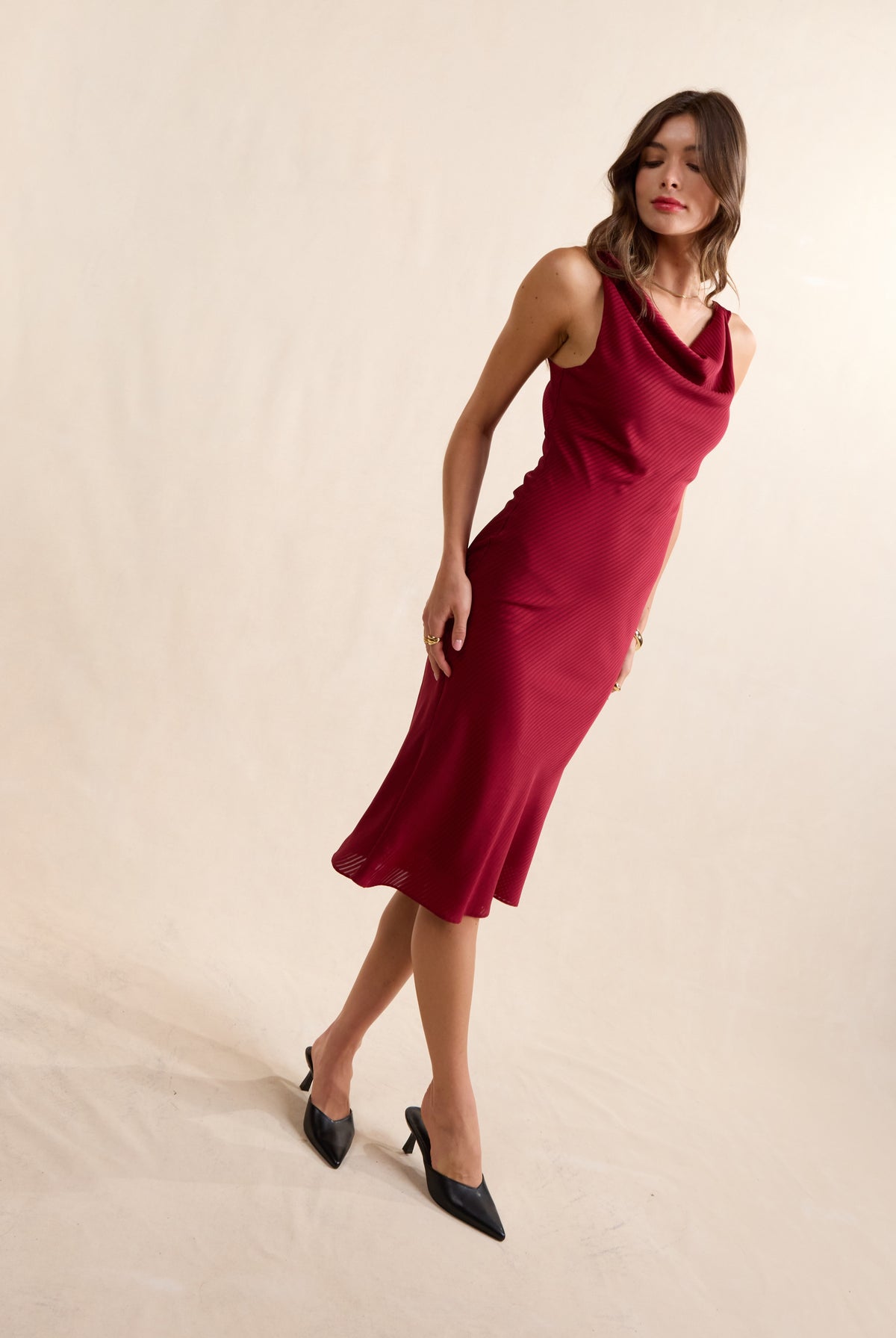 Sadie & Sage Inner Circle Cowl Neck Midi Dress in Red-Midi Dresses-Sadie & Sage-Deja Nu Boutique, Women's Fashion Boutique in Lampasas, Texas